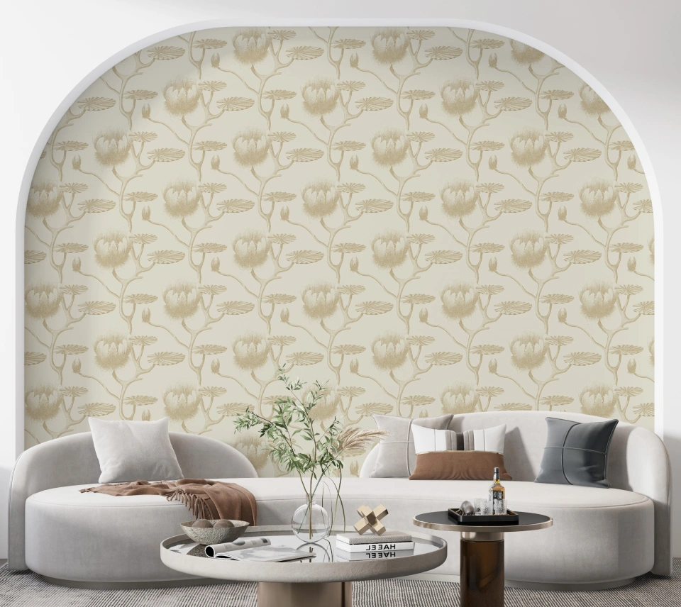 Monocolor beige wallpaper at living room area
